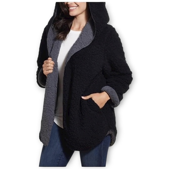 NWT Weatherproof Reversible Sherpa Hooded Jacket Black/Charcoal Size M/L - Picture 2 of 5